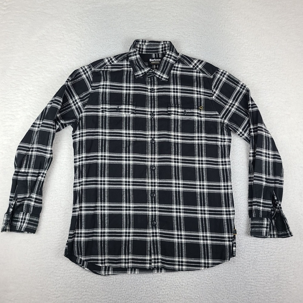 Barbour International Shirt Mens Large Black Flannel Plaid Dress Button Up